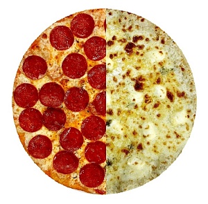 ПИЦЦА ДВА ВКУСА : 1/2 четыре сыра + 1/2 Пепперони